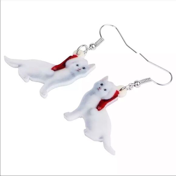 Christmas White Cat Earrings Santa Acrylic Lightweight Holiday Kitten - Picture 2 of 5